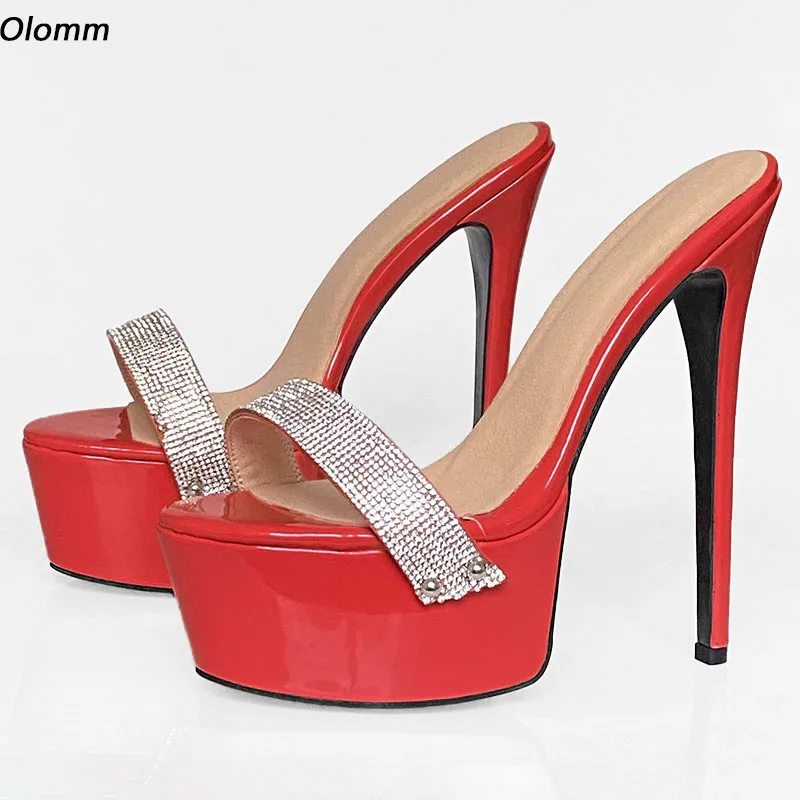 Olomm Frauen Plattform Maultiere Sandalen Strass Ultra High Heel Runde Kappe Schöne Rot Rosa Weiß Schuhe Damen UNS Plus Größe 5-20