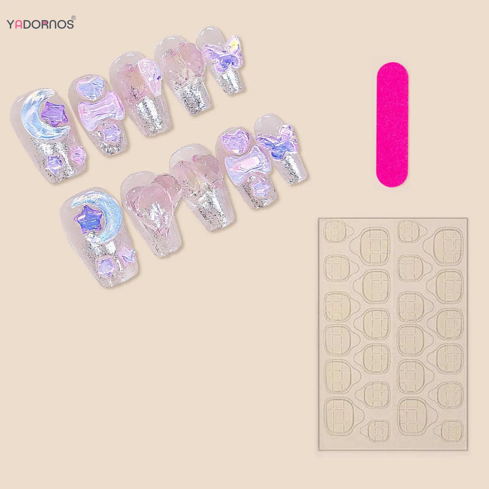 Clear Pink Handmade Unhas Falsas, Wearable, Comprimento Médio, Pressione, Amor, Coração, Borboleta, Lua, Estrela, Projetado