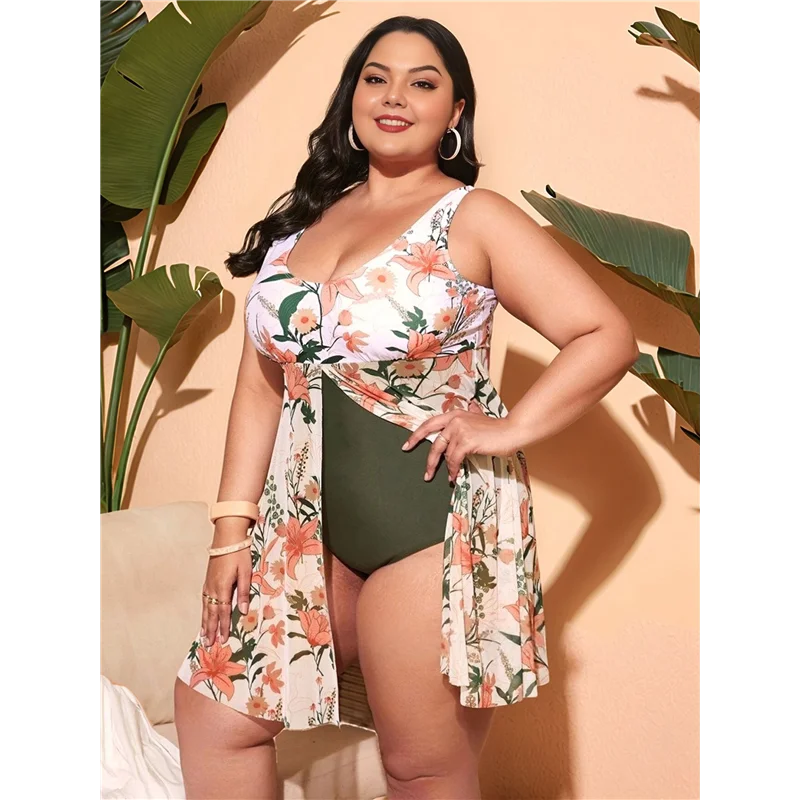 AOAO - Damska Sukienka Kąpielowa Plus Size z Dekoltem U, Nadrukiem, Kontrolą Brzucha, Rozcięciem Bocznym, Tankini na Lato 2025