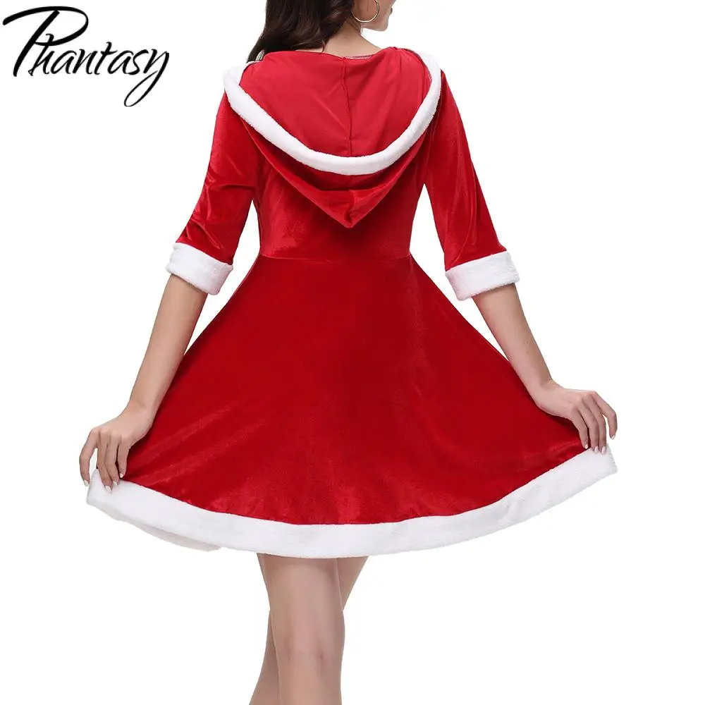 Phantasy Red Christmas Dress Santa Claus Gown for Women Carnival Party Dress Party Dress Up V Neck Hooded Robe Winter Outfit