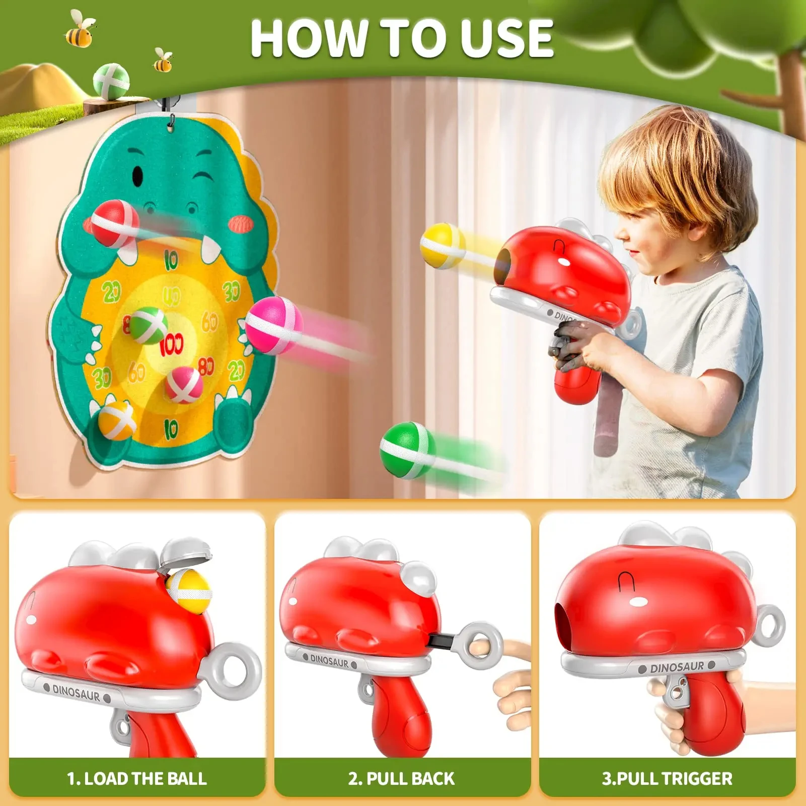 Cute Cartoon Dinosaur Sticky Ball Gun giocattoli per bambini catapulta Target Dart Board Shoot Game Softball Gun giocattolo interattivo genitore-figlio