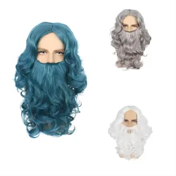 Parrucca blu, bianca, grigia, parrucca divisa, capelli ricci lunghi, parrucca da barba, cosplay, fascia per babbo natale di Halloween