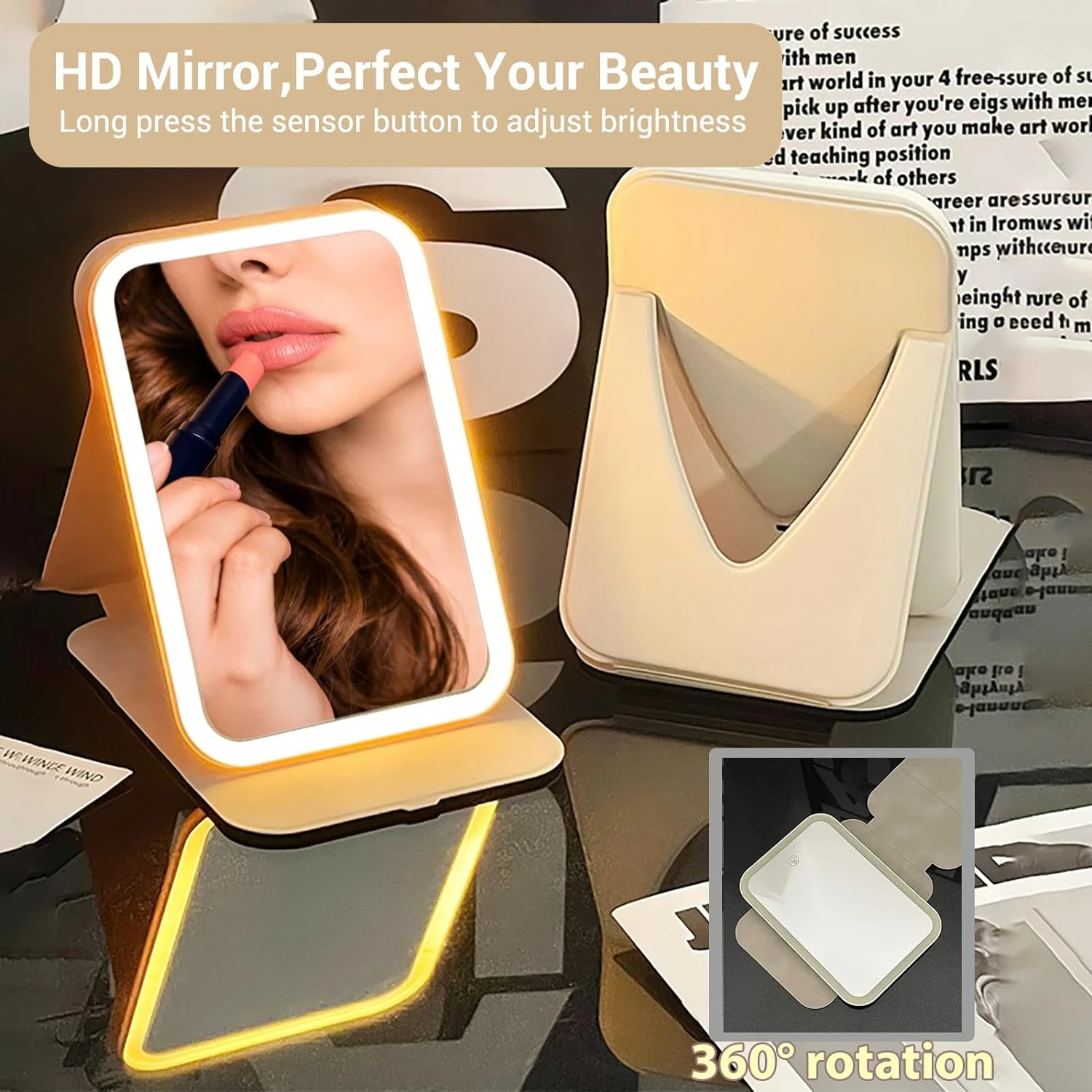 Rewritten Title 1: Portable LED Beauty Makeup Vanity Mirror, 11-Inch - Adjustable Brightness, Rechargeable Battery, Dimmable Tou