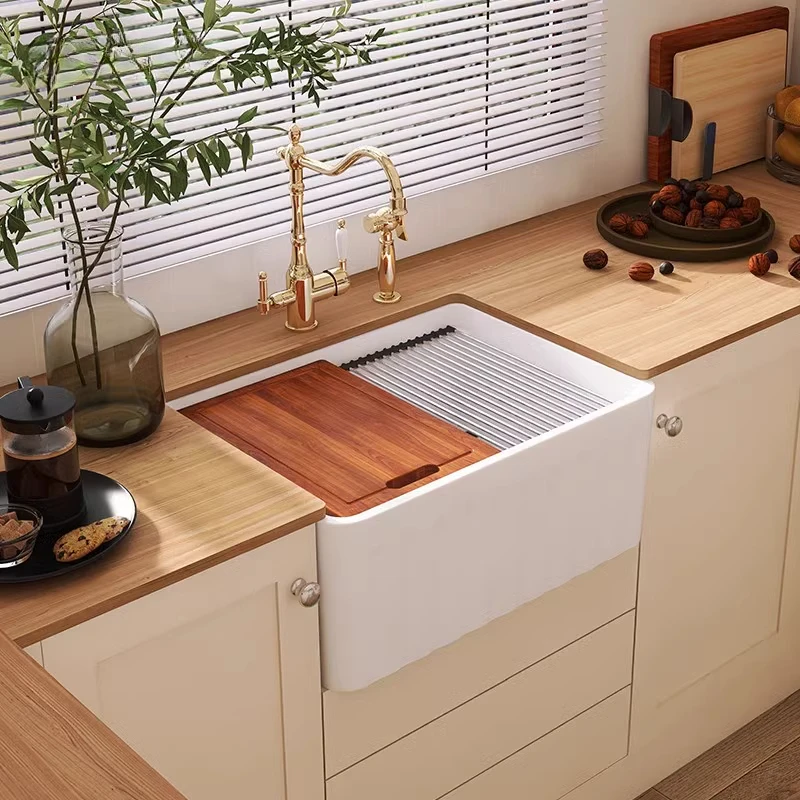 Kitchen ceramic sink household open semi-embedded single slot