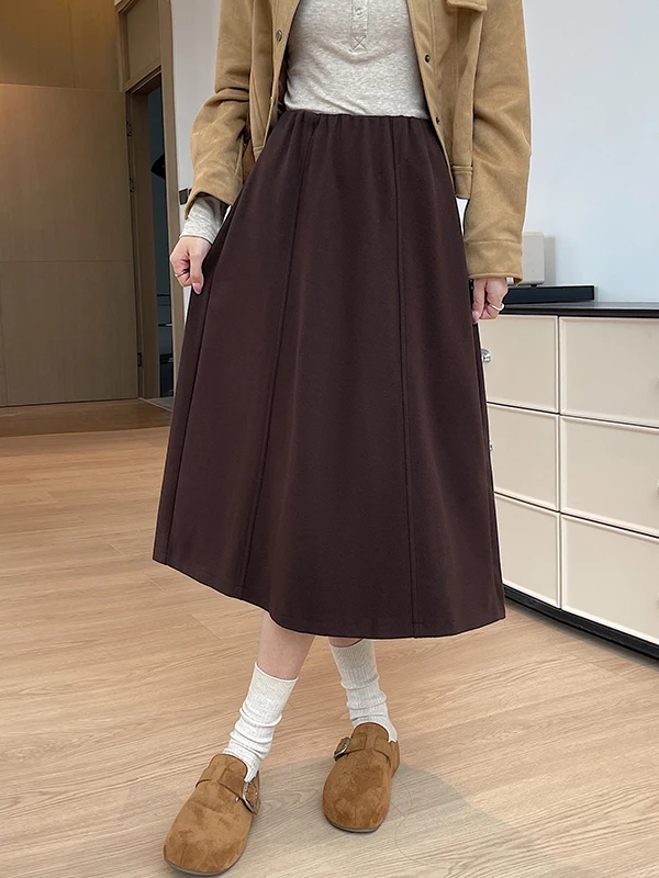 Women's High Waist A-Line Skirt with Pockets Inner Elastic Waist Hidden Meat Button Autumn Winter Long Skirt Korean Style