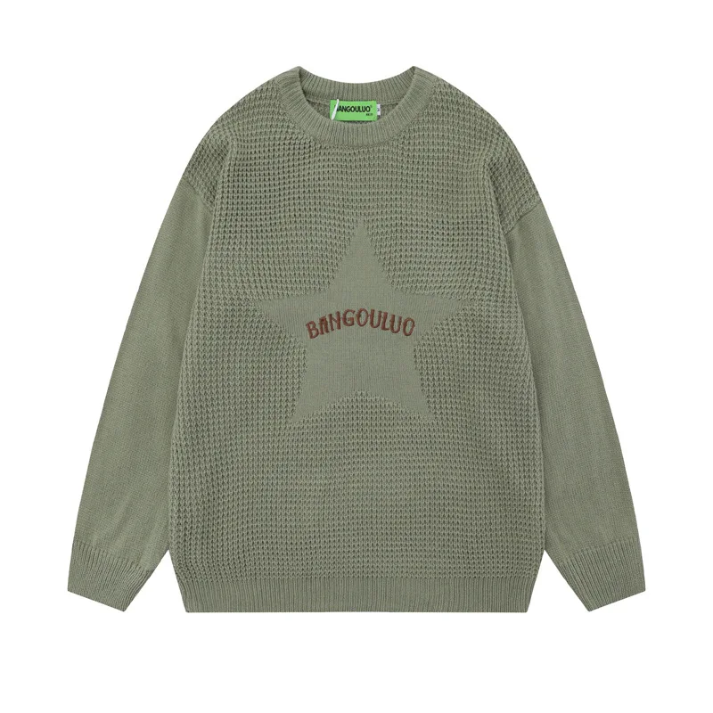 

Вязаный свитер с круглым вырезом и вышивкой в стиле ретро, мужской и женский модный брендовый свободный универсальный нижний свитер для пар