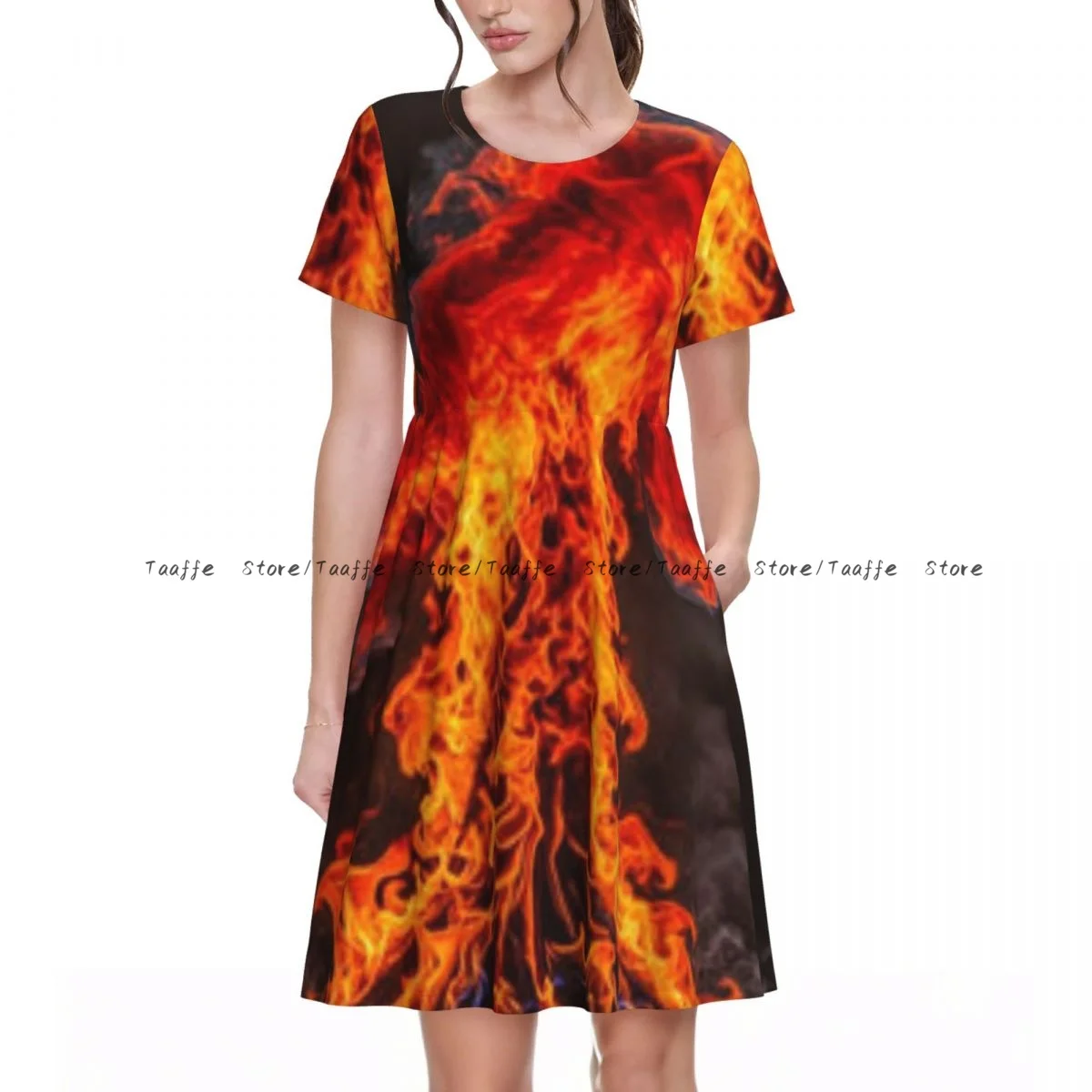

Women Dress Fire Illustration Summer Elegant O Neck Short Sleeve Female Casual Loose Long Dress