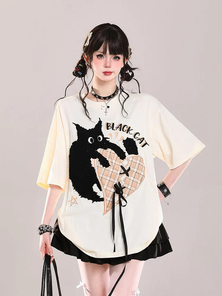 

High Quality Hot Selling Wholesale Spring Summer Sweet Cute Cartoon Printed Short Sleeved T-shirt Lace Up Loose Top Women Y2K