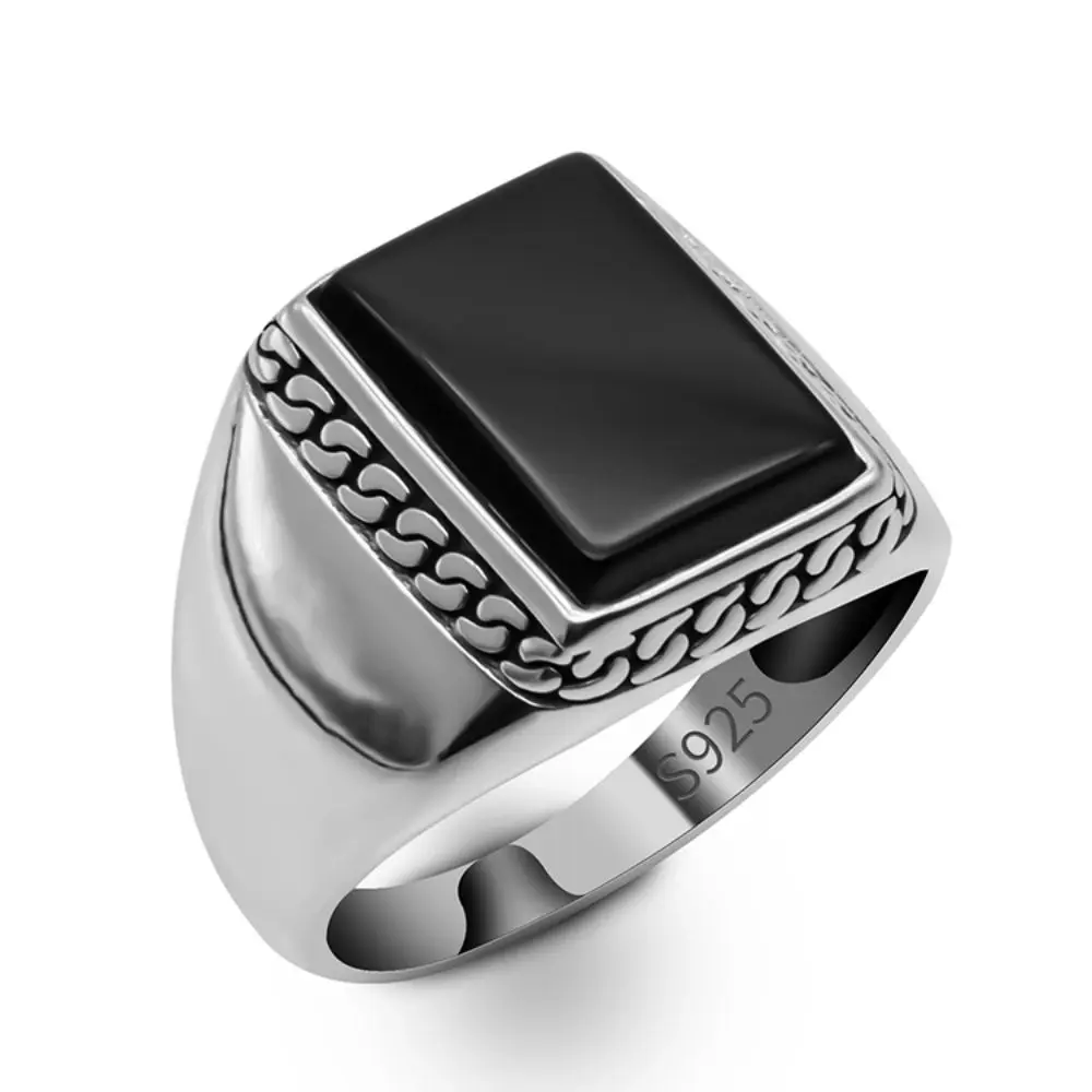 Genuine 925 Sterling Silver Ring Natural Rectangle Black Agate Stone Handmade Vintage Turkish Silver Men Ring