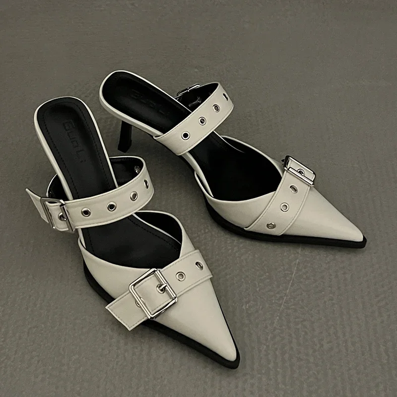 Women Punk Goth Metal Buckle High Heels Sandals Woman Pointed Toe Silver Party Shoes Female Korean Style Thin Heels Slippers