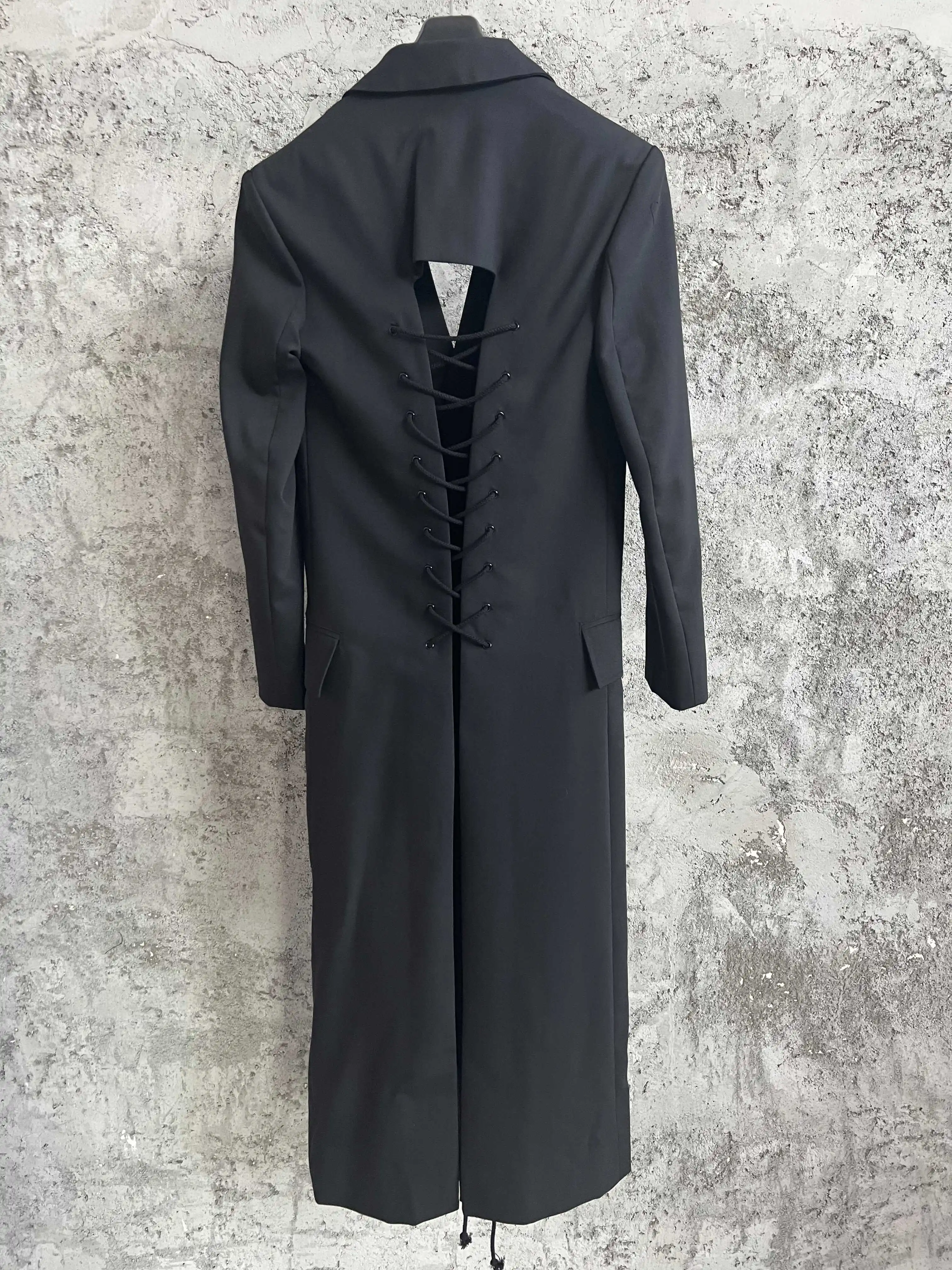 

TOP-YAMAMOTO original design single-breasted wool coat with drawstring at the back, versatile Western-neck jacket