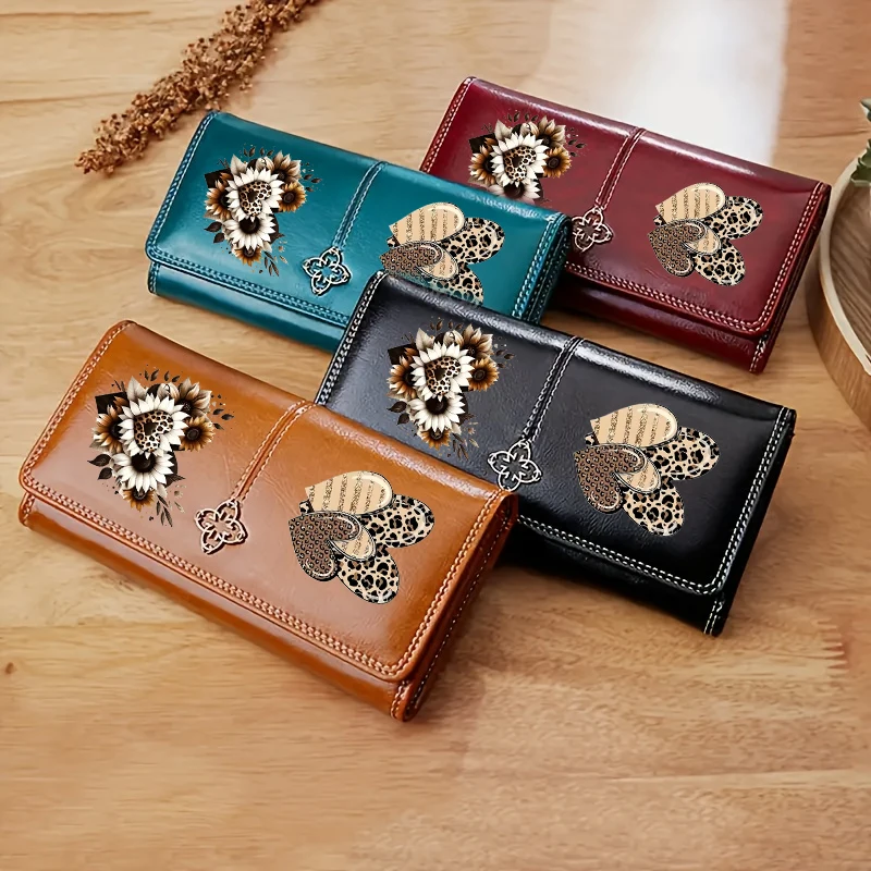 Cartera de cuero con forma de corazón de leopardo y girasol para mujer, carteras largas de lujo, monederos, bolsos, tarjeteros para niñas