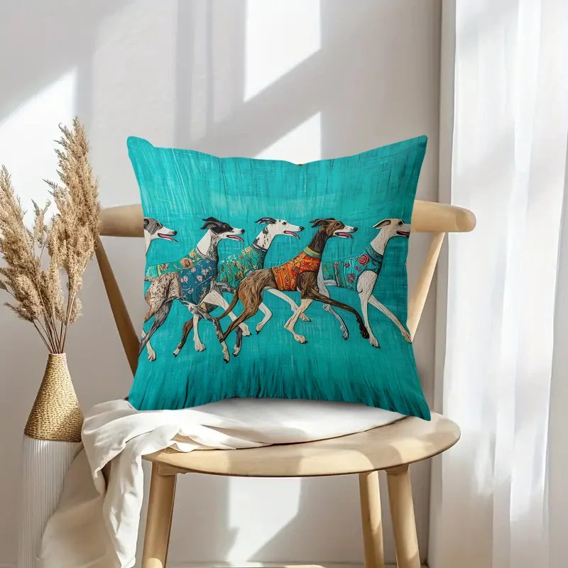 1pc Cute Greyhound Running Art Print Pillow Cover, 2D Double-Sided Polyester Cushion Case, Colorful Boho Dog Room Decor, Perfect