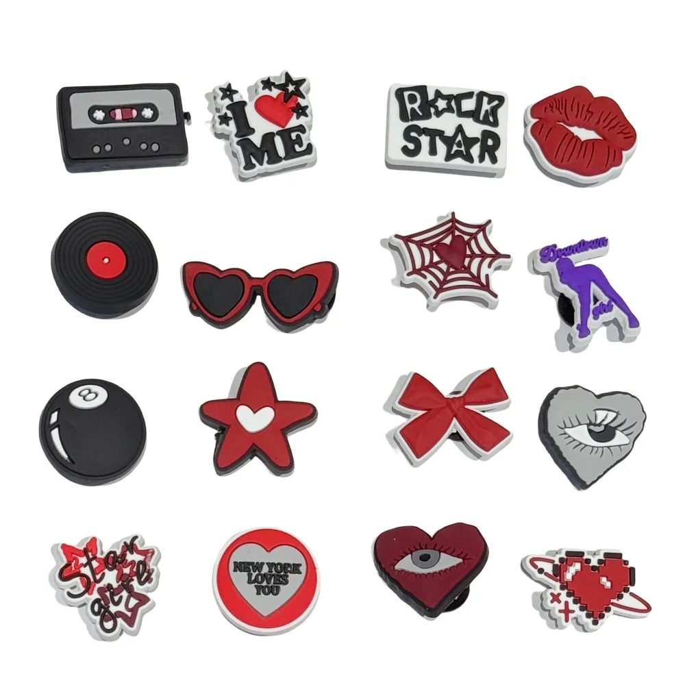 

1-16pcs Rock Star Girl Love Heart Bow PVC Adult Shoe Charms For Clogs Pins Sandal Accessories Shoe Buckle Fit DIY Backpack