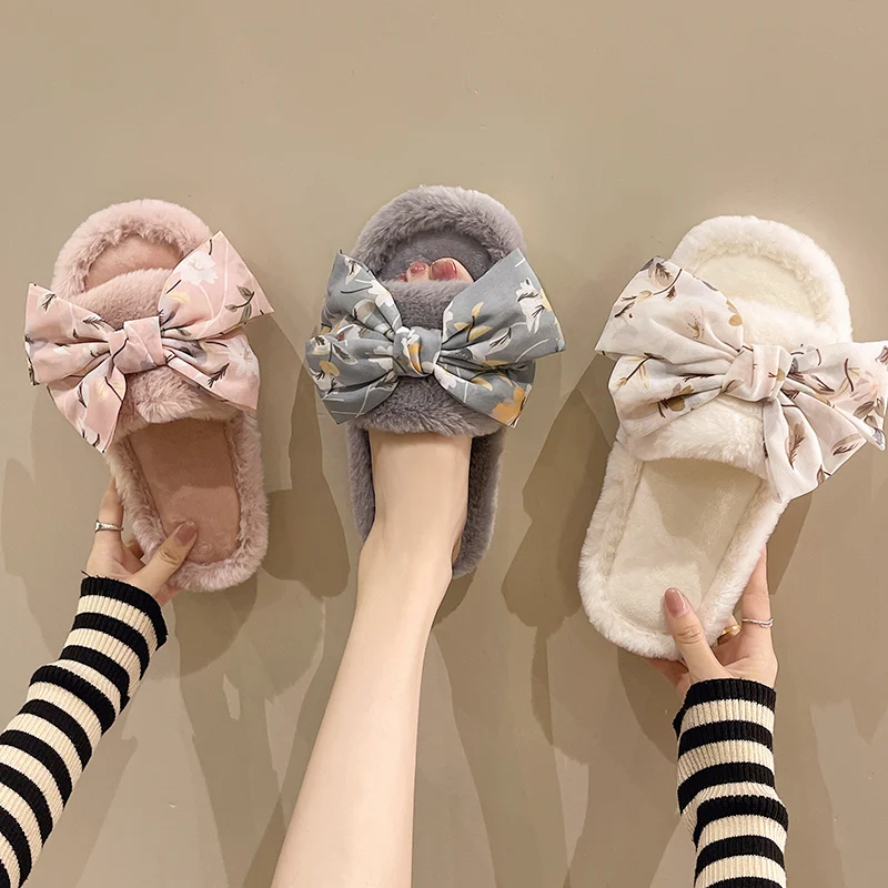 Casual Fluffy Slippers Women House Flats Fashion Winter Bowknot Designer Shoes Ladies Home Plush Warm Elegant Platform Footwear