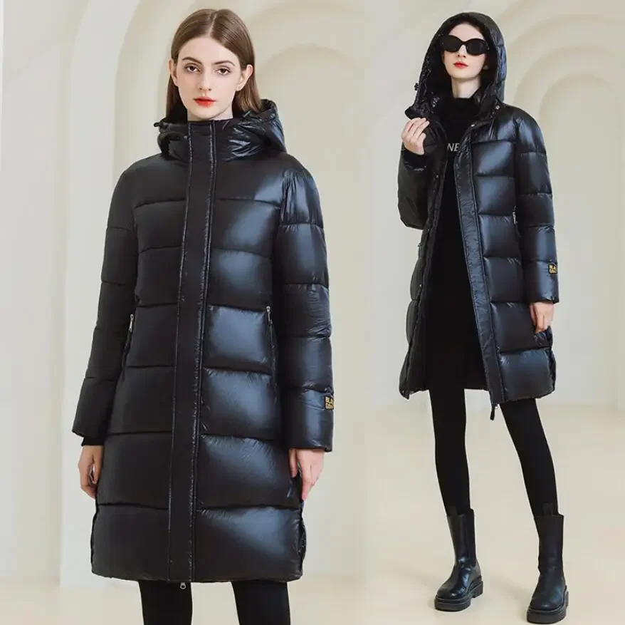 Neue Winter Schwarz Gold Unten Jacke Für frauen Klassiker Lose Baumwolle Mantel Über Knie Mit Kapuze Parka Damen Trend Verdicken oberbekleidung