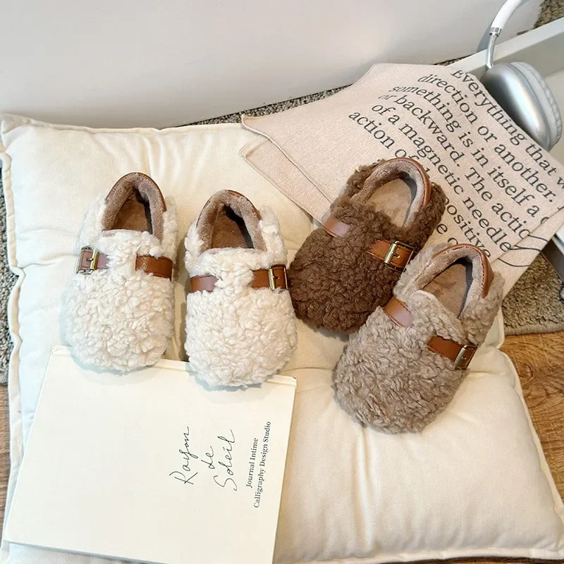 Children Winter Loafers Bowtie Fleece Leisure Slip-on Kids Flat Shoes Warm Round Toe Fashion Three Colors Girl's Shoe 21-30