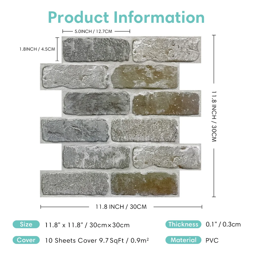 10pcs 3D Brick Wall Stickers Self-adhesive Faux Brick Wall Panels, Matt, Waterproof, 30 x 30cm, Living Room Bedroom Wall Decor