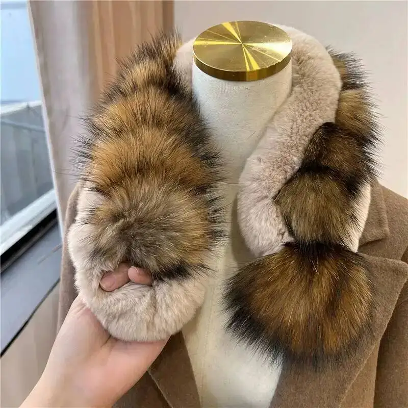 Rex Rabbit Fur Scarf With Raccoon Fur Pom-pom Warm And Thickened Neck Warmer Winter Jackets Hood Shawl Decor Cross Plush Scarves