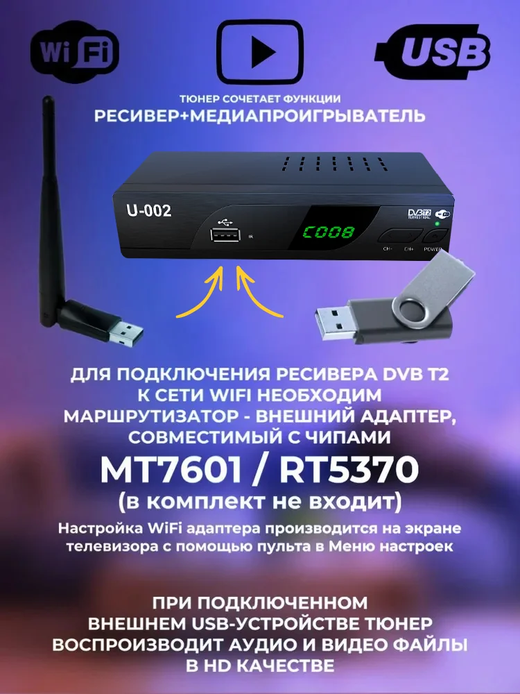 Ubisheng U-002 Dvb T2 Digitale Tv Decoder Hd 1080P Digital Terrestrial Tv Ontvanger H.264 Decoder Wifi Antenne Combo Set top Box
