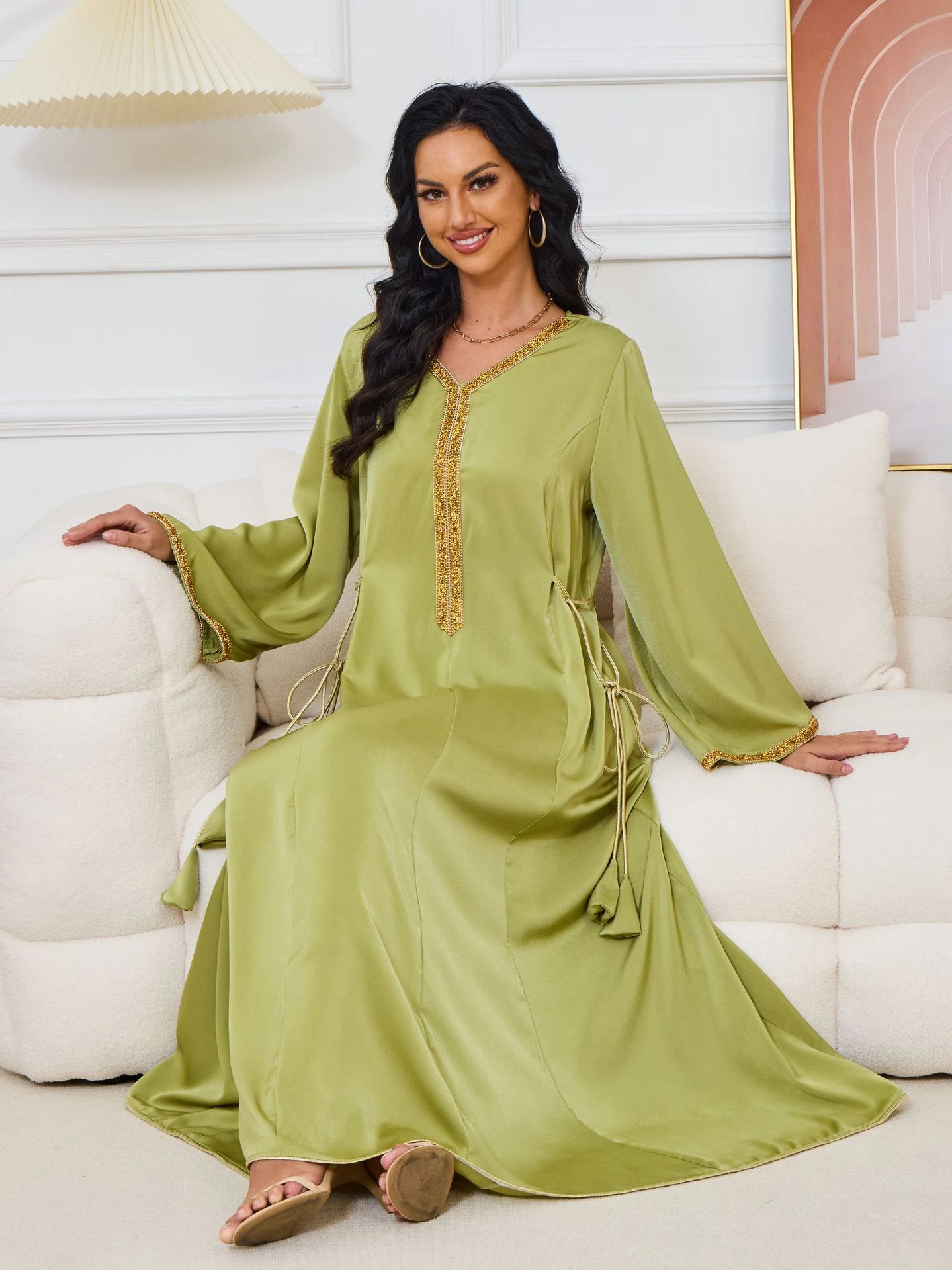 Vestido musulmán Eid para mujer, Abaya con diamantes y cordones, Jalabiya, Marruecos, Dubai, Abayas, Islam, túnica larga árabe