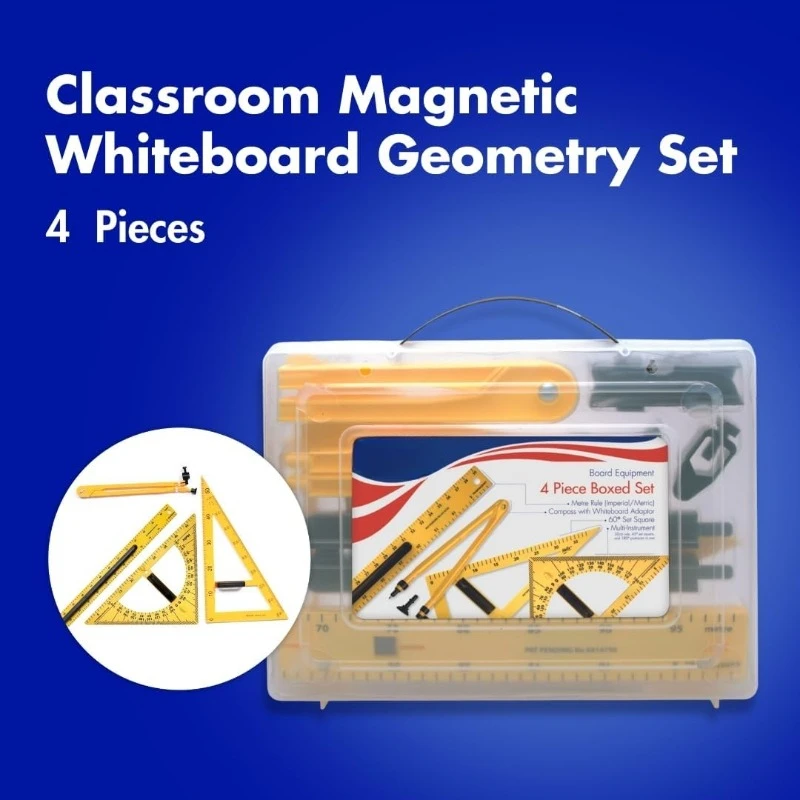 Magnetic Classroom Whiteboard Geometry 4 Piece Set - Compass - 2 Triangles - Ruler - Protractor