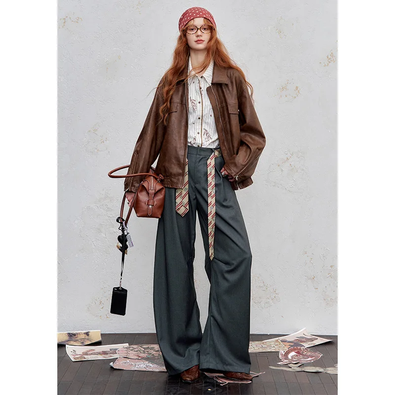 ELFSACK 2025 Autumn New Arrival American Casual Contrast Belt Basic Curve Knife Slim Fit Suit Pants For Woman