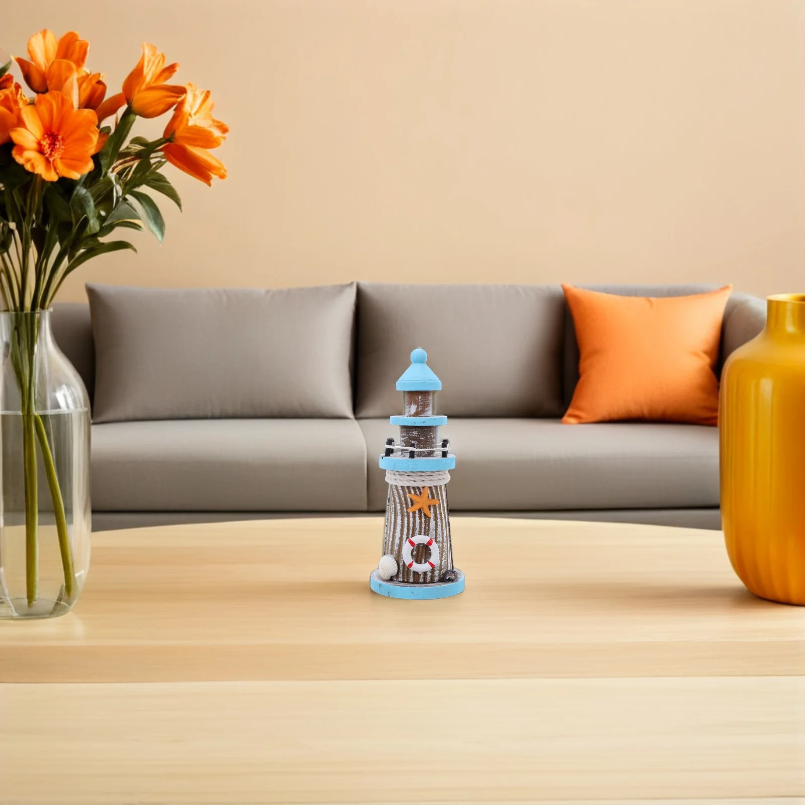 

7.5" Mediterranean Style Lighthouse Wooden Nautical Ornament For Home Study Seaside Tabletop Decor Ocean Theme Miniature