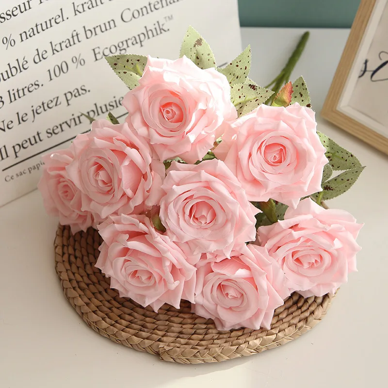 Neuer künstlicher Rosenstrauß mit 9 Köpfen für Hochzeit, Valentinstag, Geschenkdekoration, künstliche Seidenblume für Zuhause, Wohnzimmer, Blumenmuster – Detail 1