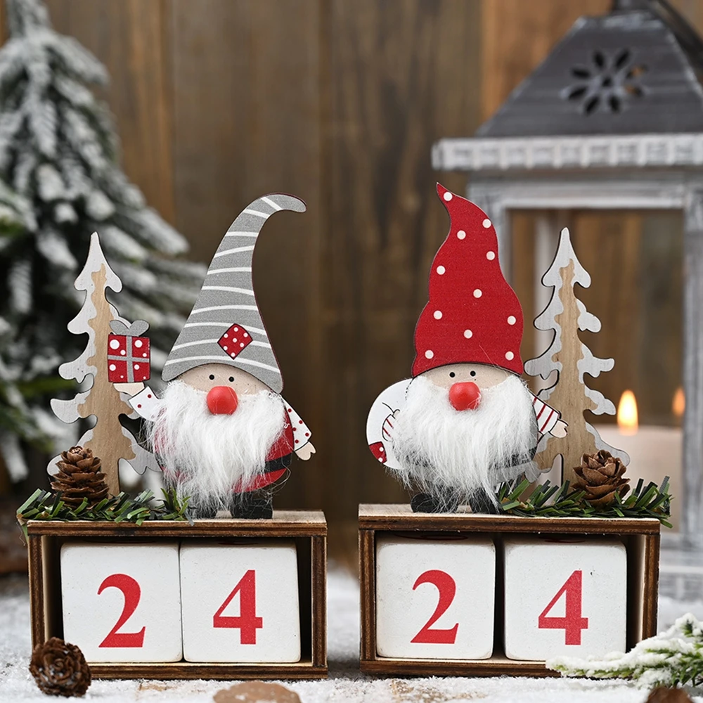 15x9cm Wooden Christmas Advent Calendar Cartoon Santa Countdown Block Durable Gnome Elf Decor Home Desktop Countdown Ornament