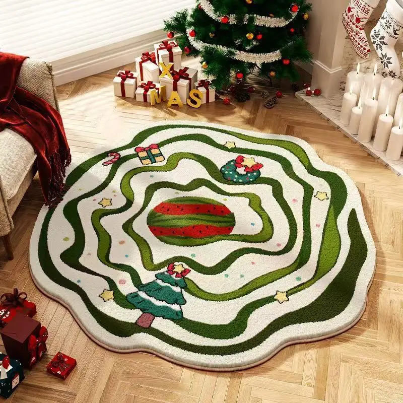 VIKAMA Special-Shaped Christmas Circular Carpet, Bedside Cool-Keeping Plush Carpet, Living Room Sofa Footpad, Carpet