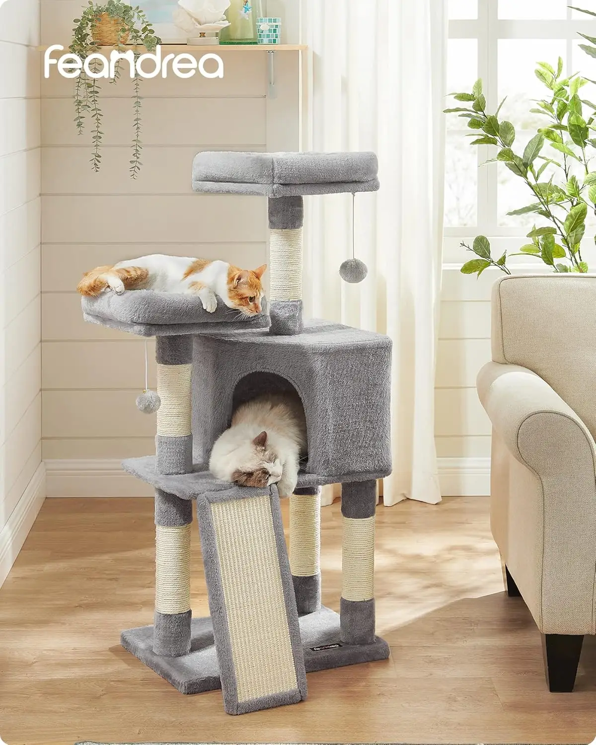 Cat Tower, Cat Tree for Indoor Cats, 45.3-Inch Cats Condo with Scratching Post, Ramp, Perch, Spacious Cats Cave, for Kittens