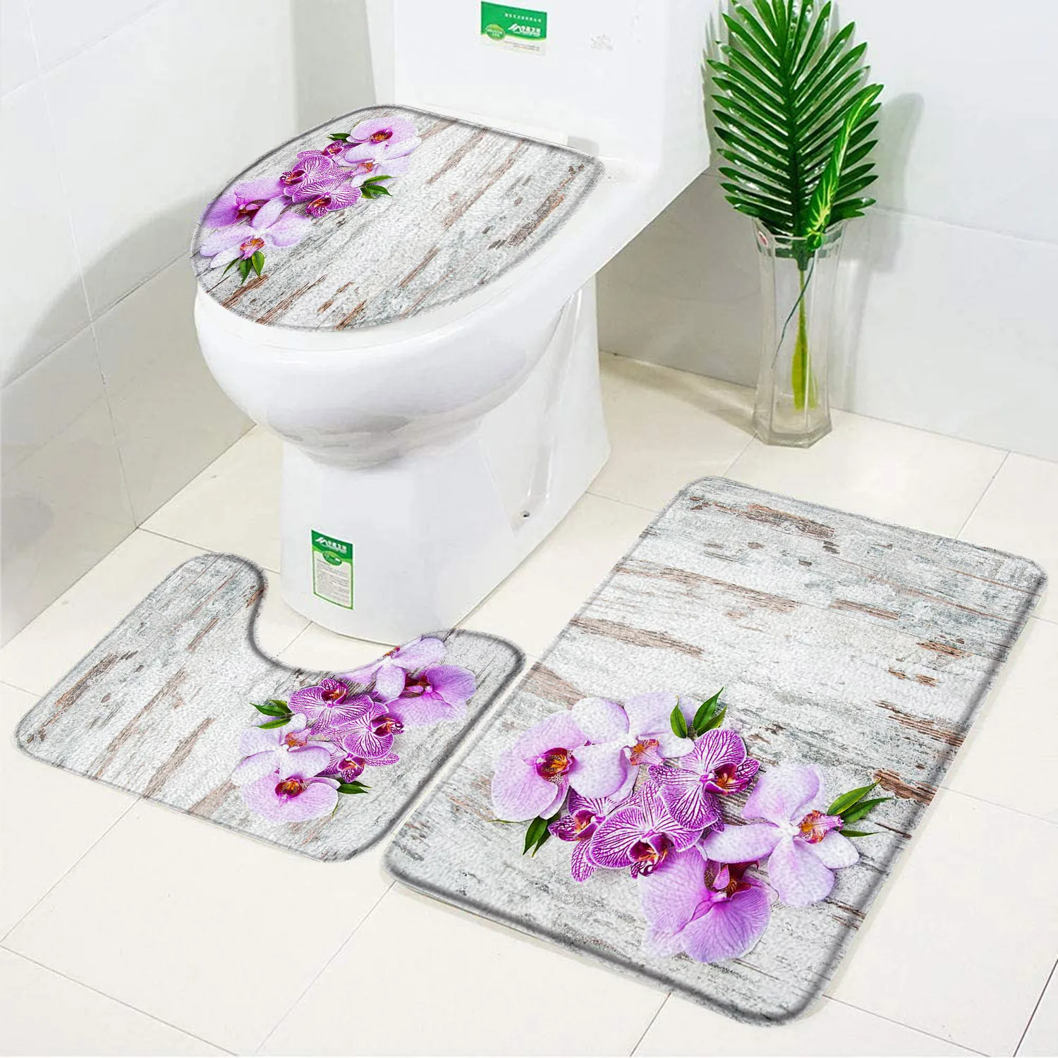 3pcs Set Purple Flower on Old Wooden Board Bath Mat Floral Rural Retro Decor Flannel Anti-slip Bathroom Rug Carpet Toilet Cover