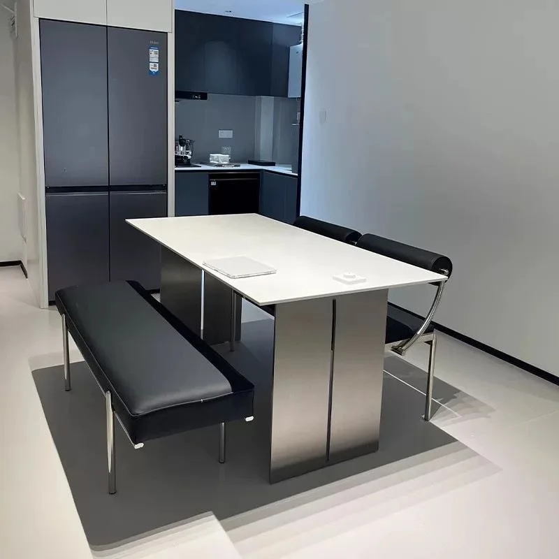 HYS Italian minimalist small apartment rock slab dining table modern simple stainless steel household high-end rectangular