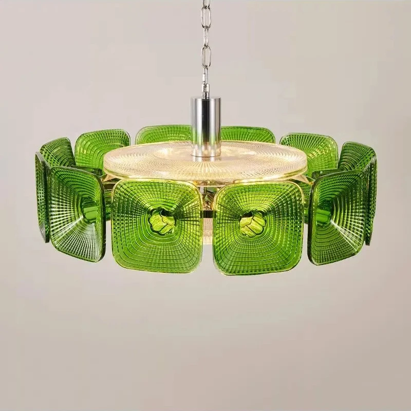 French Green Glass Hanging Lamp Chandelier Vintage Artistic Carving Round Chandelier Living Room Restaurant Lighting Fiixtures