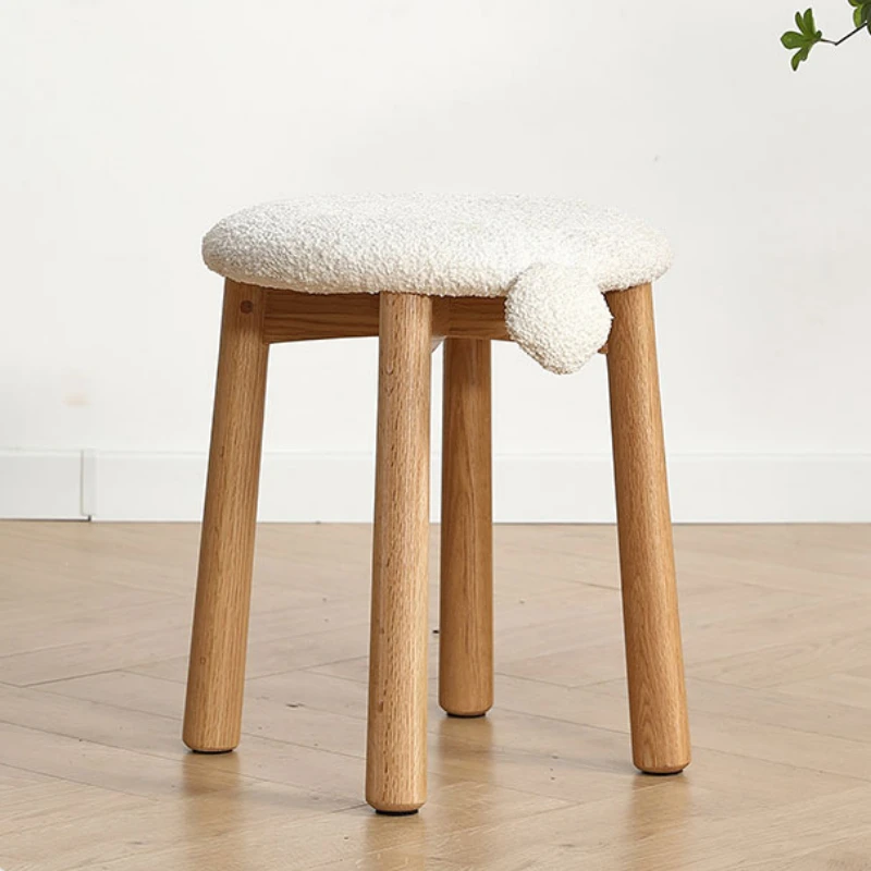 

European Solid Wood Makeup Stool Removable Dressing Chair Bunny Tail Design Shoe Changing Seat Lamb Wool Round Stool
