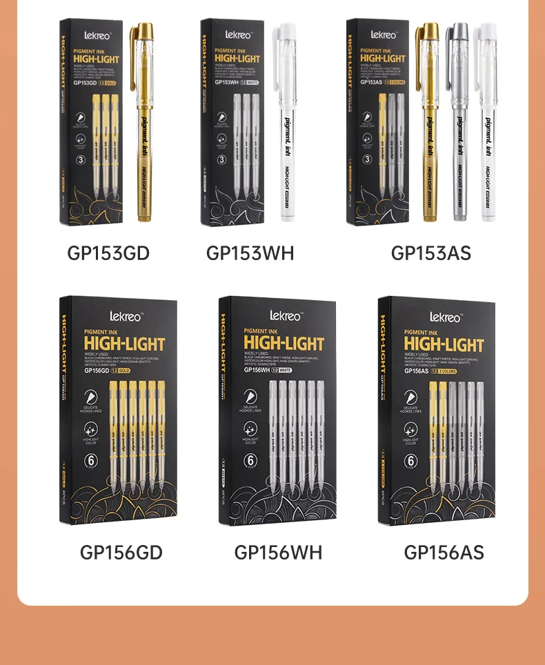 Lekreo 3色 ゴールド シルバー ホワイト ハイライト ゲルペン、1.0mm極細 ホワイトペン アートハイライト＆アーティストドローイング用