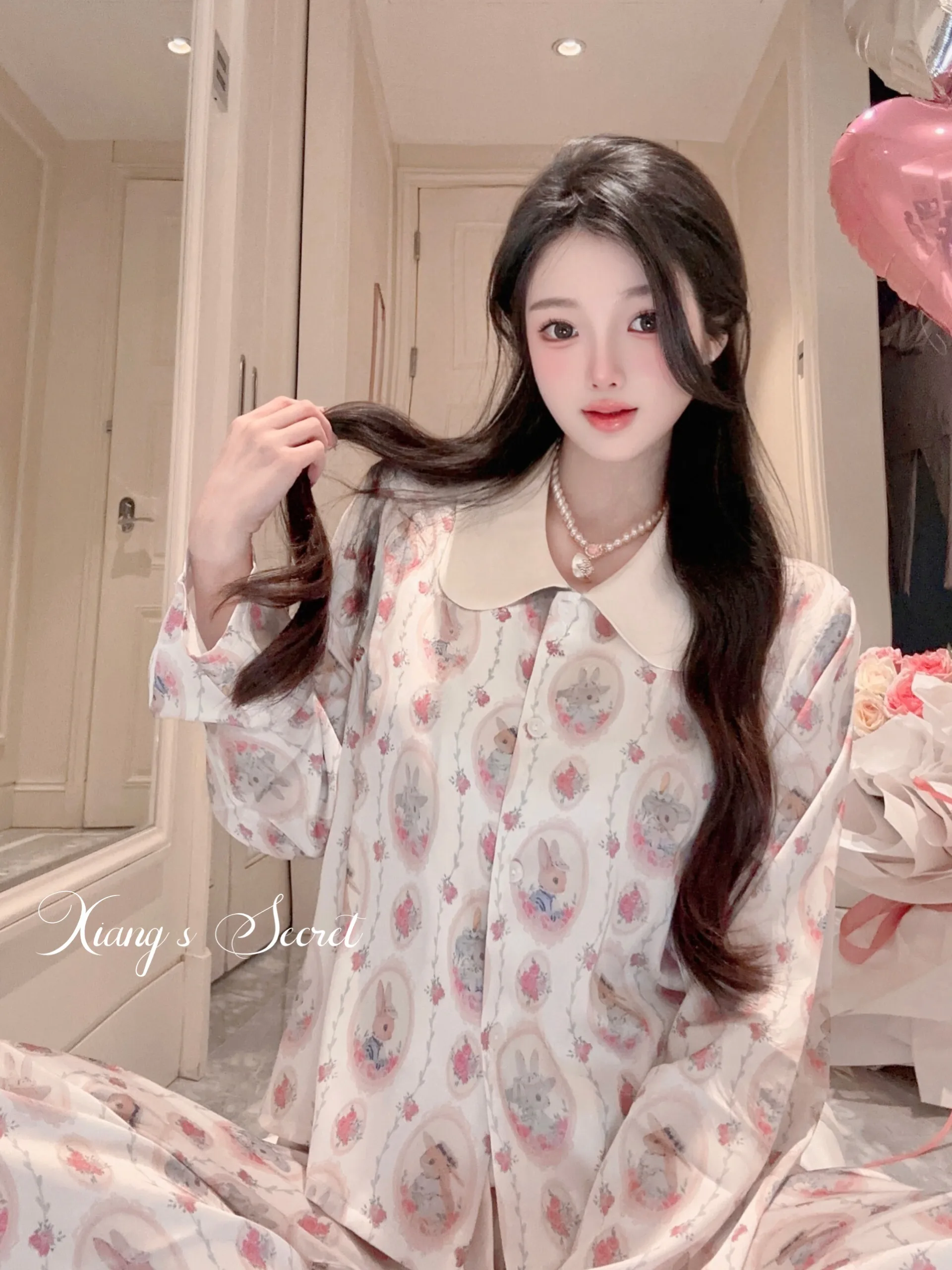 Japanese Sweet Girl Original Doll Collar Long-sleeved Ice Silk Loungewear Casual Cartoon Doll Feeling Cool Breathable Pajama Set