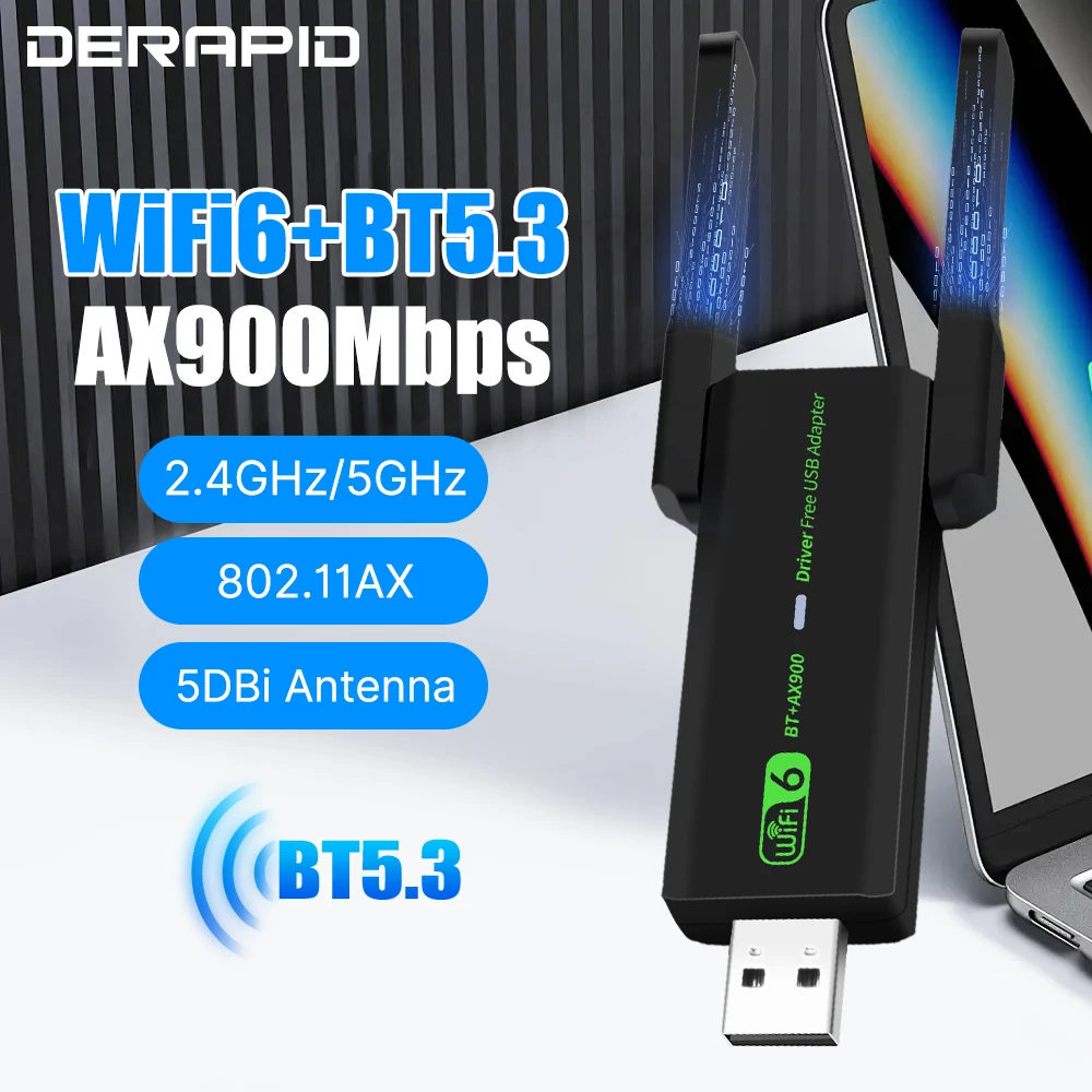 WiFi 6 AX900 Bluetooth 5.3/5.4 WiFi USB Adapter Wireless Network Card 2.4G&5GHz Wi-Fi Antenna Receive USB For PC/Laptop Win10/11