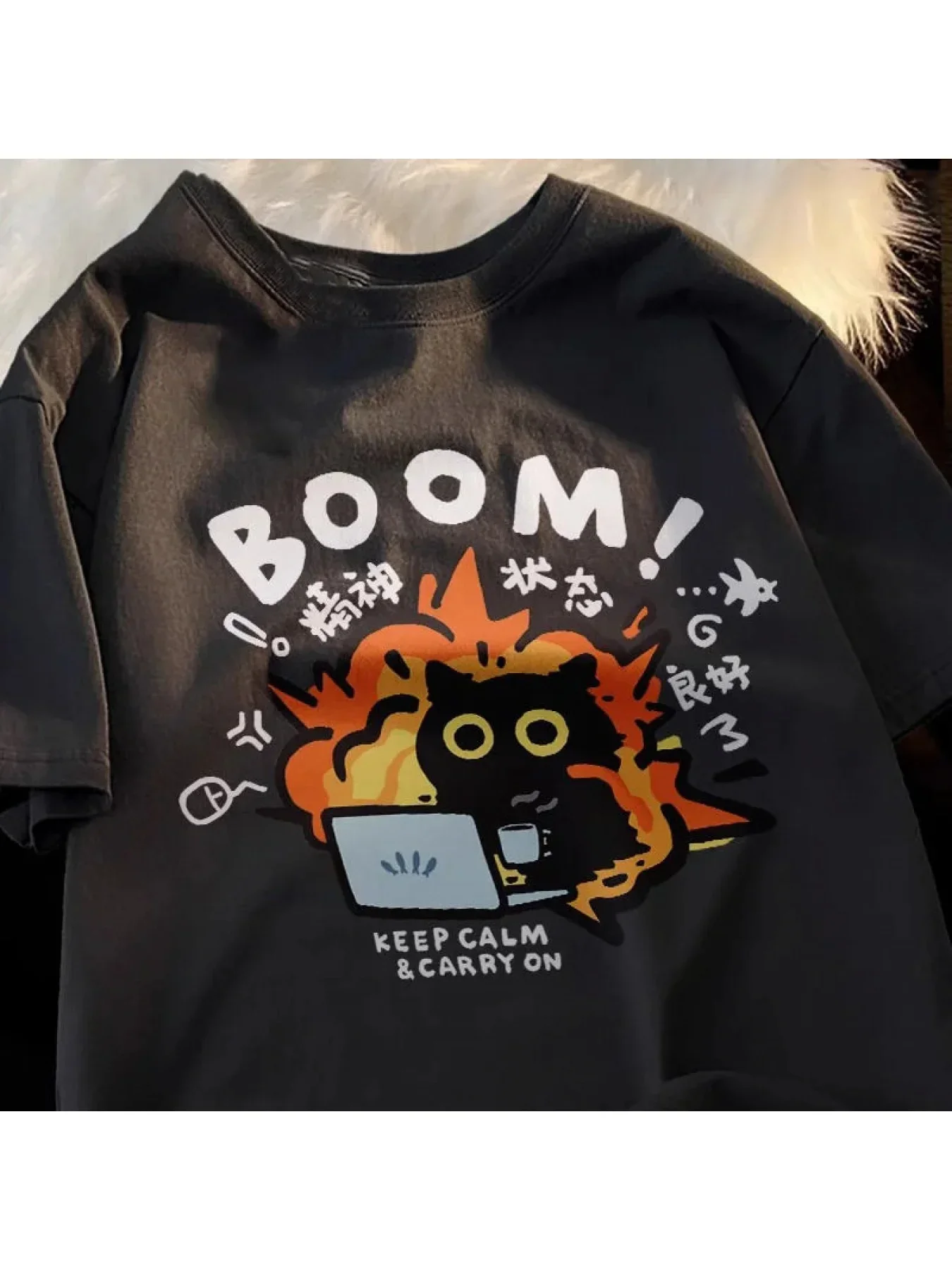 Pop Good Mental State Pure Cotton Short Sleeved T-shirt For Men Women 2025 Summer New Tee Clothes Loose Casual Cartoon Oversized