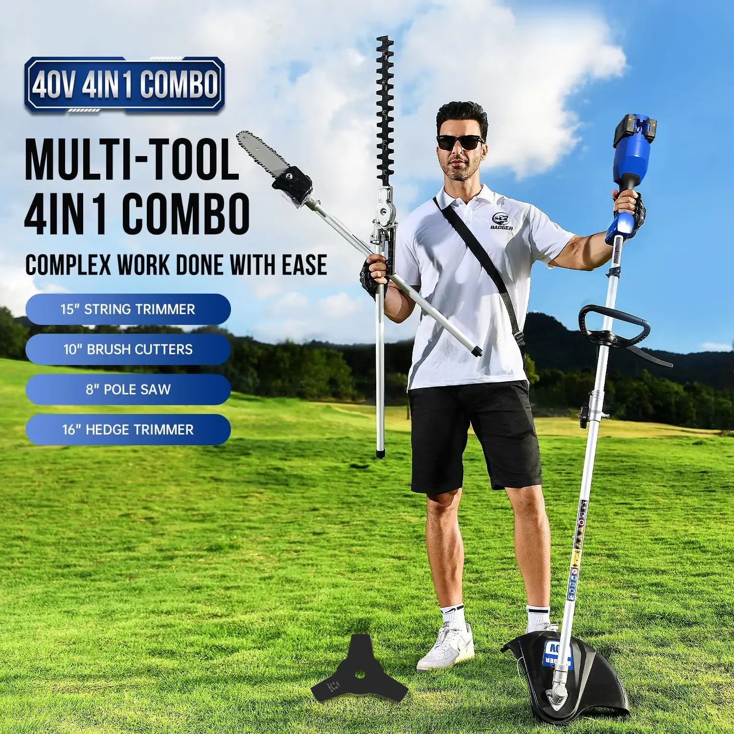 40V Cordless Weed Wacker, String Trimmer/Edger, Hedge Trimmer and Brush Cutter Blade, Pole Saw
