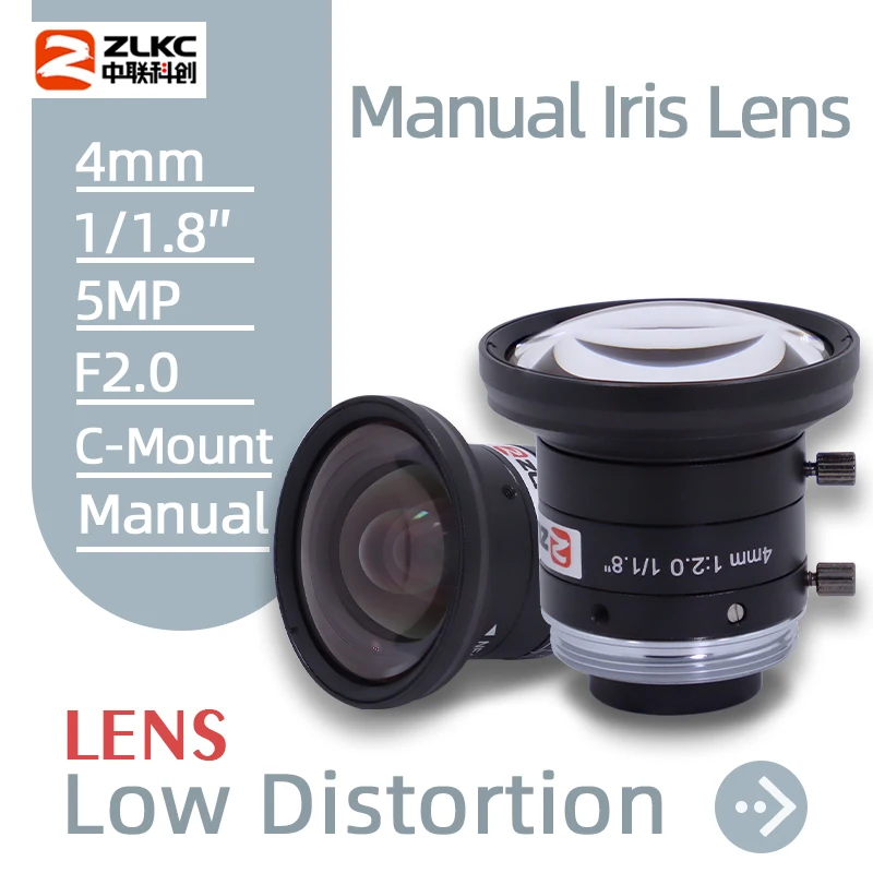 ZLKC 4mm Lens F2.0 FA Camera Lens Wide Angle 1/1.8 '' 5MP Fixed Focus C Mount 5Megapixel CCTV Machine Vision Industrial Lens