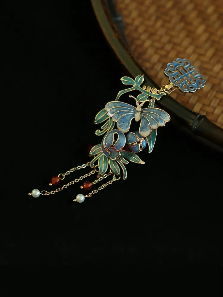 Handmade Chinese style cheongsam accessories tea clothing brooch imitation burnt blue retro style ethnic pendant tassel