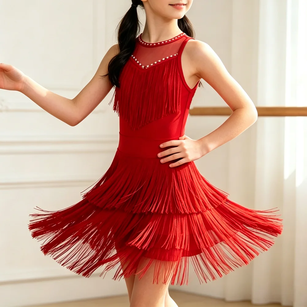 Tassel Girls Dresses Dance Costume Kids Outfit Vestidos Show Girl Latin Dress Tutu Party Children's Clothing Robe Fille Summer