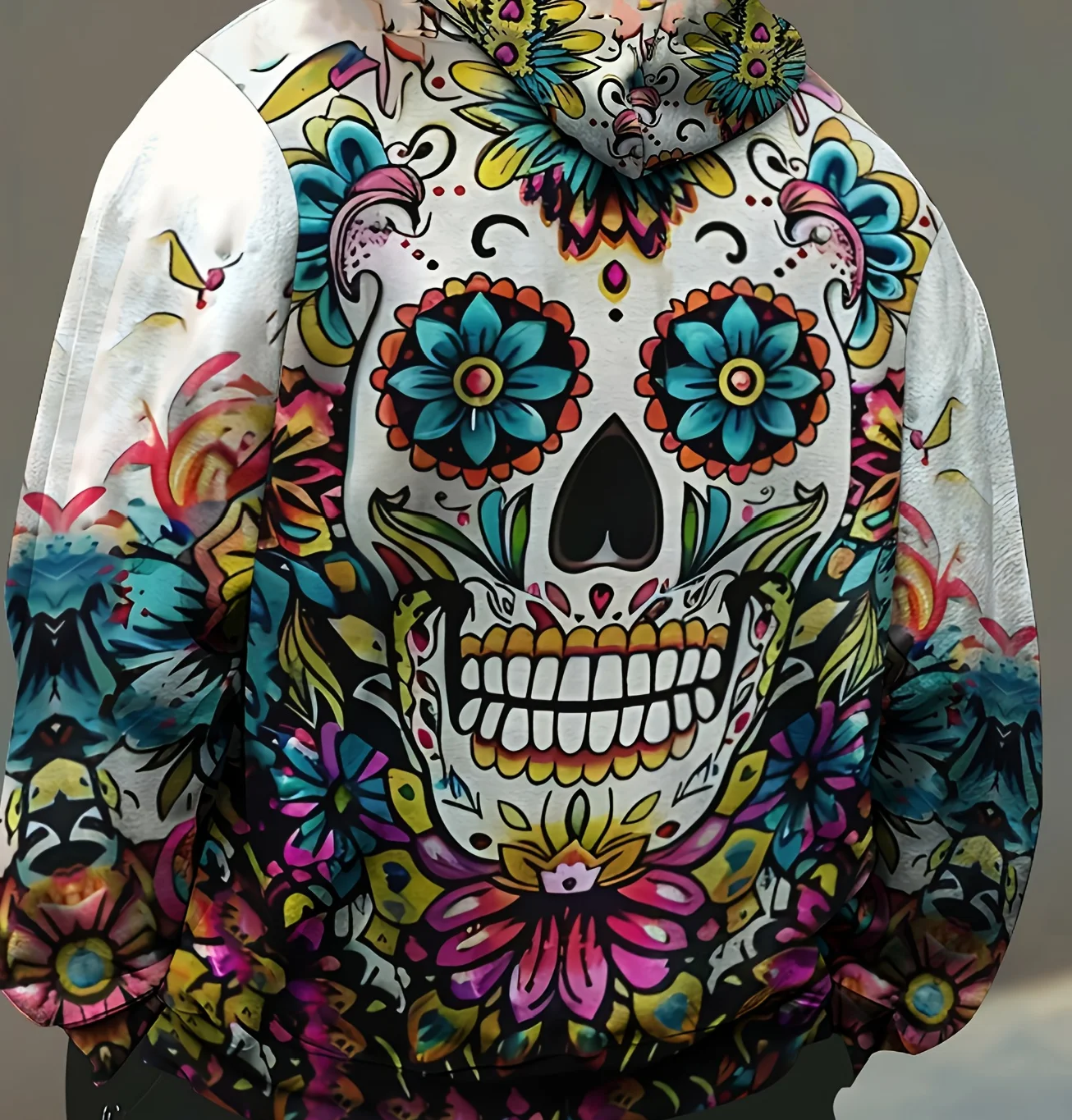 سترة بغطاء للرأس بأكمام طويلة مطبوعة على شكل جمجمة للرجال من Day of the Dead المكسيكي، بلوزة رياضية كاجوال مع جيب للربيع والخريف