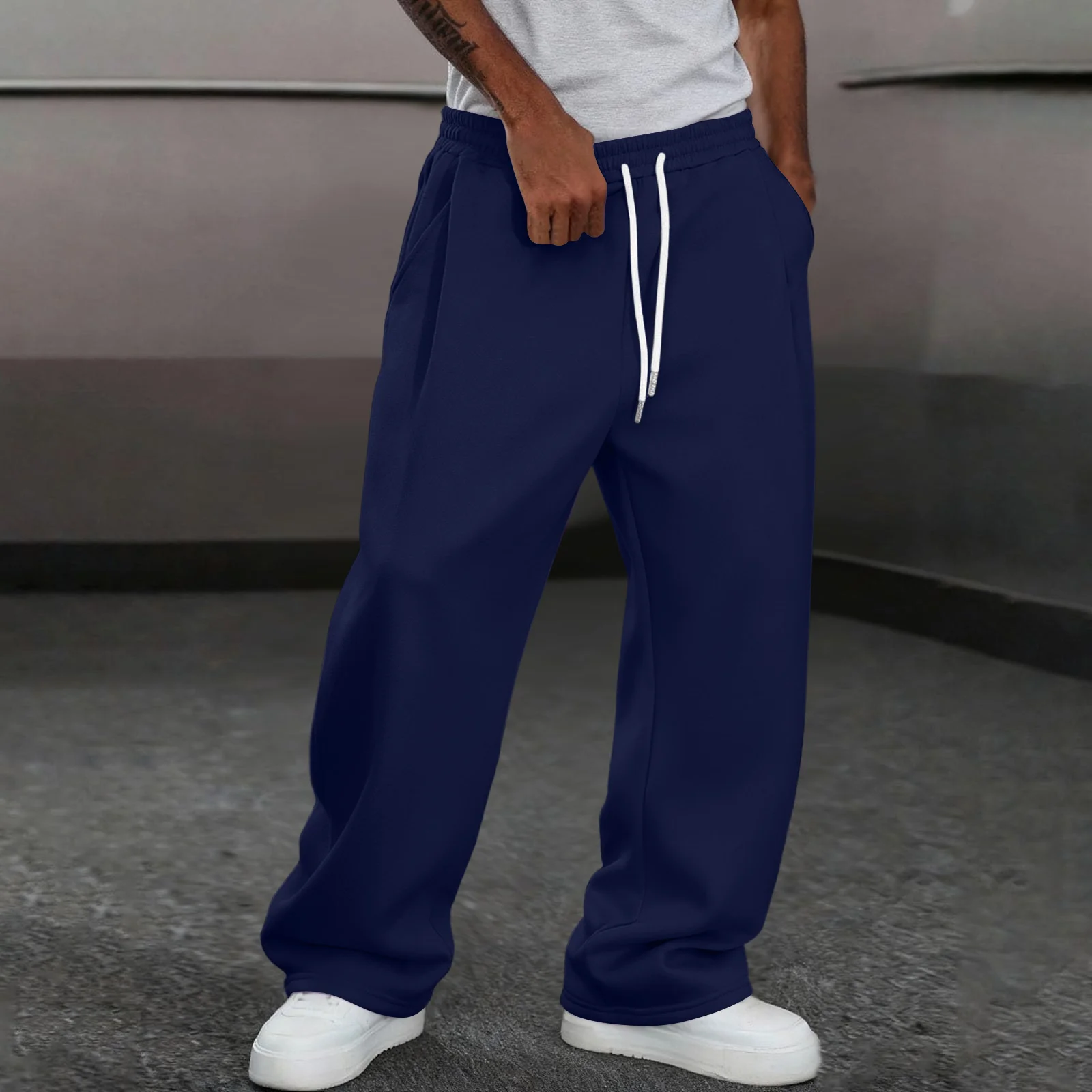 

Loose Elastic Waist Wide Leg Pants Men'S Drawstring Straight Leg Sports Pants Winter Solid Color Wide Leg Pants Casual Pants