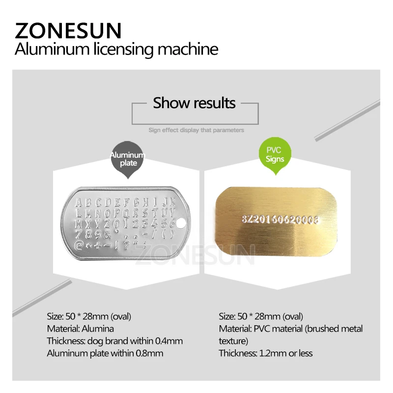Zonesun-犬のタグを作るためのエンボス加工機,52文字,軍用エンボス加工機,スチール製マニュアルカード,金属製エンボス加工機番号