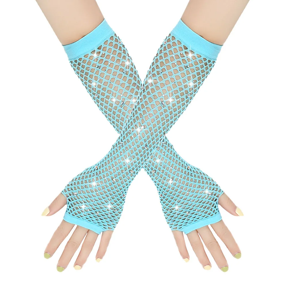 Women Long Fishnet Net Gloves Colorful Net Mesh Arm Sleeve Fingerless Some With Shiny Rhinestone Sexy Mittens Performance Glove