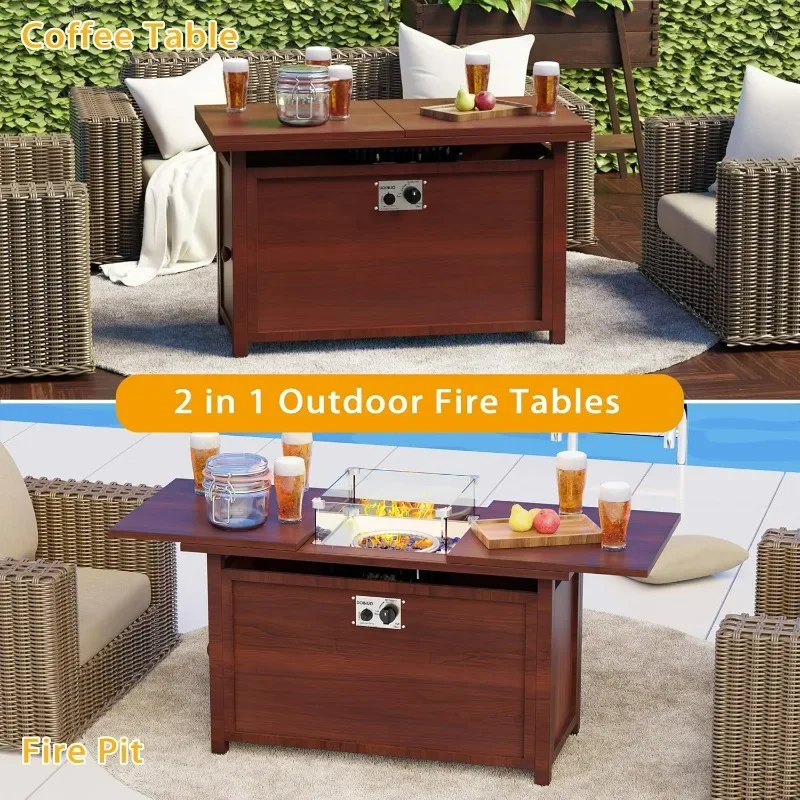 42inch Propane Fire Pit Table, Rectangular Gas Firepit Table with Removable Desktop, Tempered Glass and Rain Cover for Garden