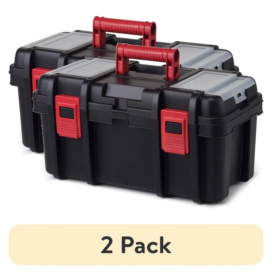(2 pack) 16-inch Toolbox, Plastic Tool and Hardware Storage, Black